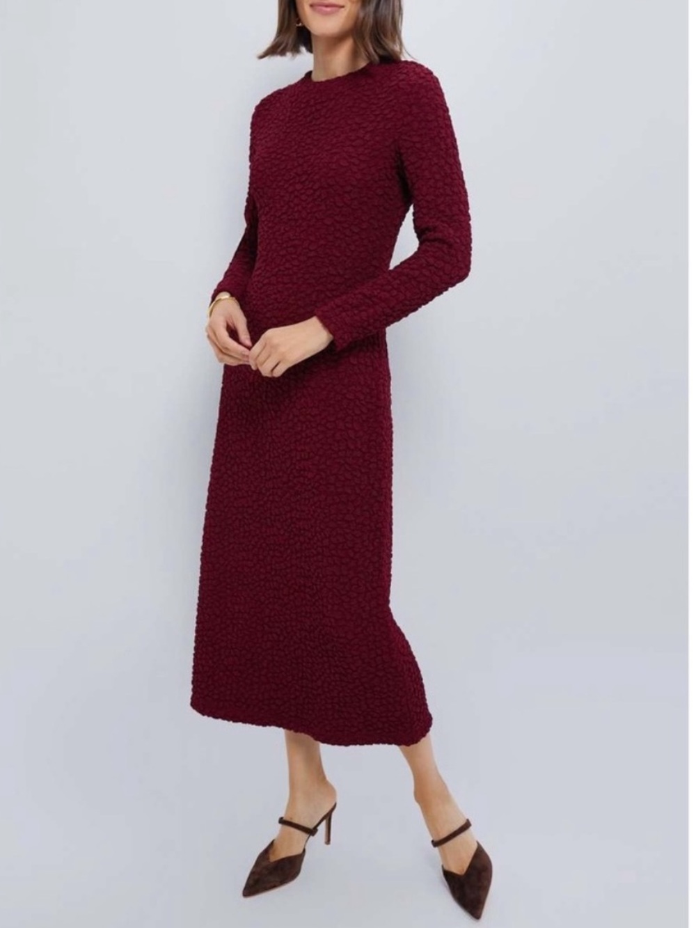 Tuckernuck Long Sleeve Textured Midi Dress - Burgundy